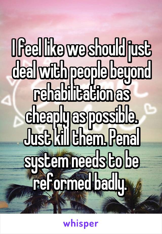 I feel like we should just deal with people beyond rehabilitation as cheaply as possible. Just kill them. Penal system needs to be reformed badly. 