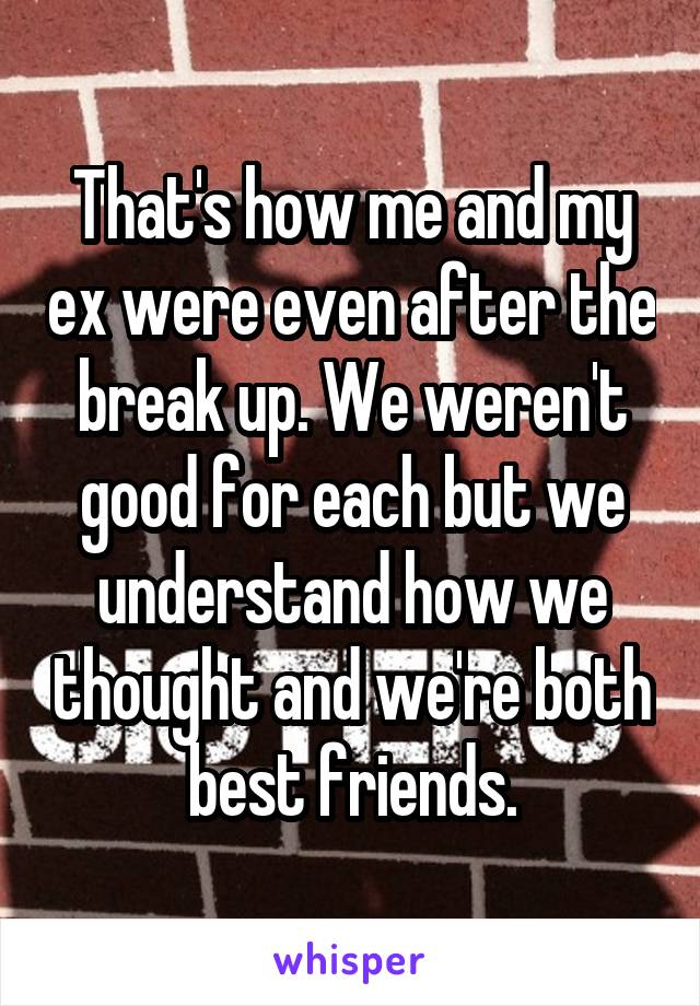 That's how me and my ex were even after the break up. We weren't good for each but we understand how we thought and we're both best friends.