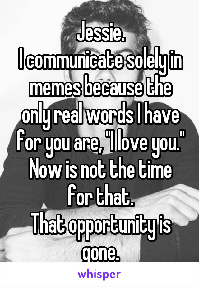 Jessie.
I communicate solely in memes because the only real words I have for you are, "I love you."
Now is not the time for that.
That opportunity is gone.