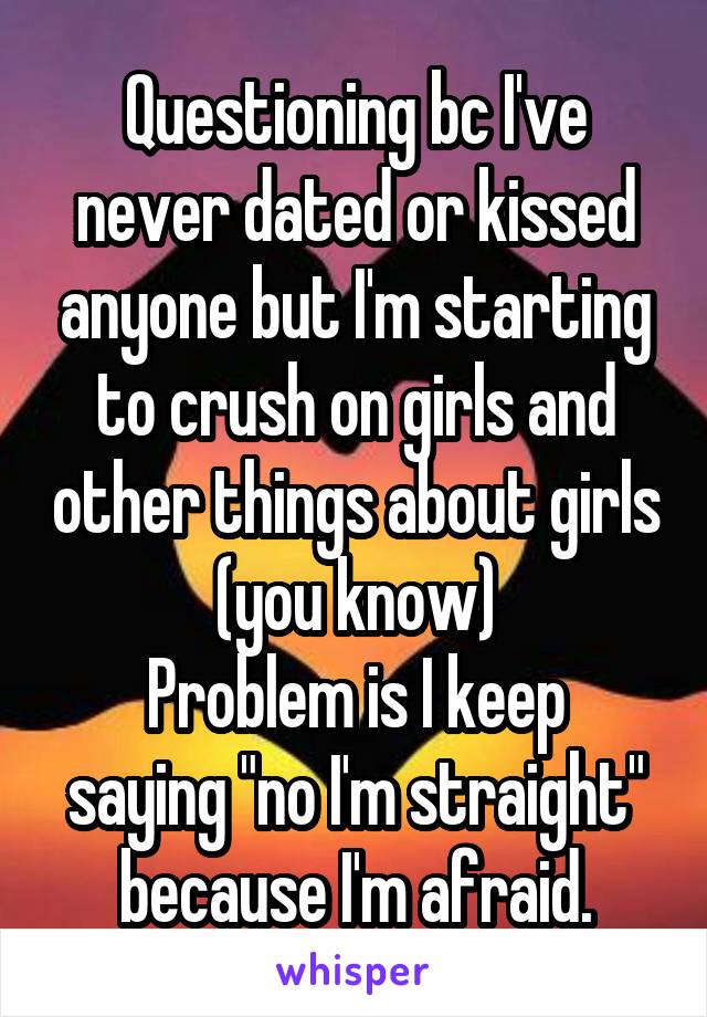 Questioning bc I've never dated or kissed anyone but I'm starting to crush on girls and other things about girls (you know)
Problem is I keep saying "no I'm straight" because I'm afraid.