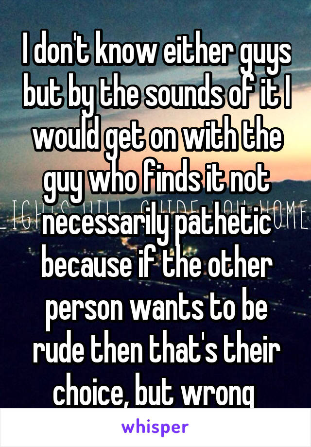 I don't know either guys but by the sounds of it I would get on with the guy who finds it not necessarily pathetic because if the other person wants to be rude then that's their choice, but wrong 