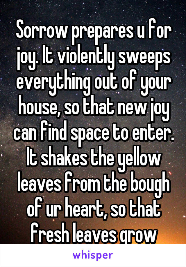 Sorrow prepares u for joy. It violently sweeps everything out of your house, so that new joy can find space to enter. It shakes the yellow leaves from the bough of ur heart, so that fresh leaves grow