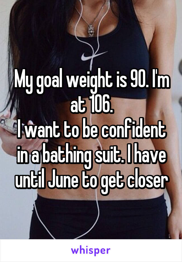 My goal weight is 90. I'm at 106.
I want to be confident in a bathing suit. I have until June to get closer