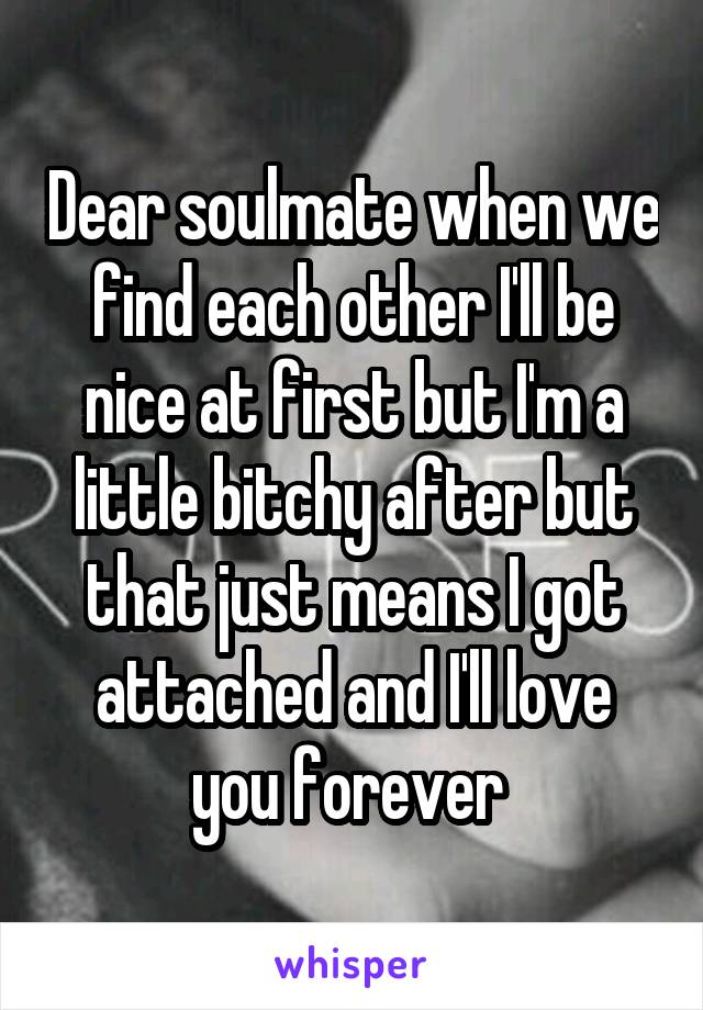 Dear soulmate when we find each other I'll be nice at first but I'm a little bitchy after but that just means I got attached and I'll love you forever 