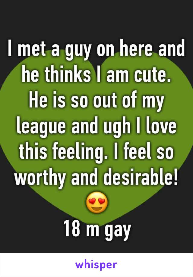 I met a guy on here and he thinks I am cute.
He is so out of my league and ugh I love this feeling. I feel so worthy and desirable!😍
18 m gay