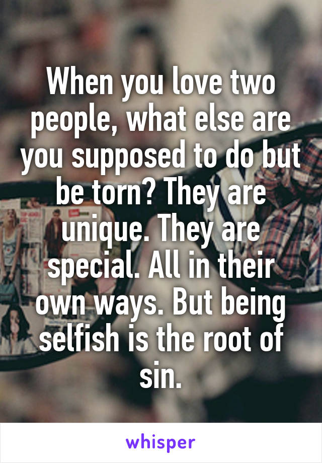 When you love two people, what else are you supposed to do but be torn? They are unique. They are special. All in their own ways. But being selfish is the root of sin.