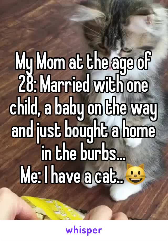 My Mom at the age of 28: Married with one child, a baby on the way and just bought a home in the burbs...
Me: I have a cat..😺