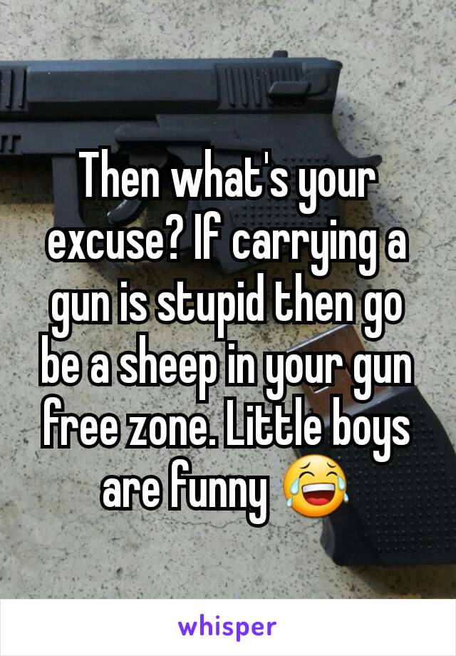 Then what's your excuse? If carrying a gun is stupid then go be a sheep in your gun free zone. Little boys are funny 😂