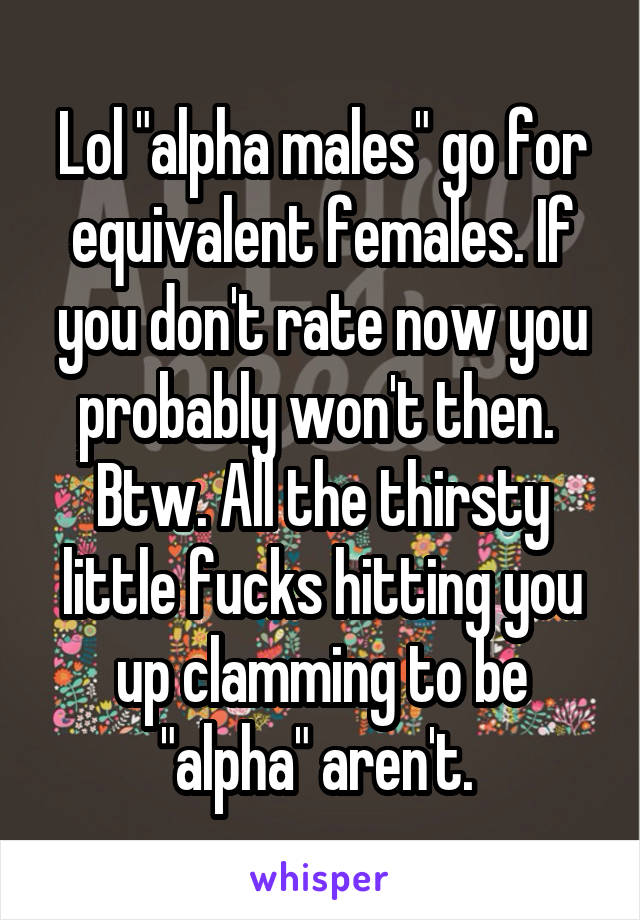 Lol "alpha males" go for equivalent females. If you don't rate now you probably won't then.  Btw. All the thirsty little fucks hitting you up clamming to be "alpha" aren't. 