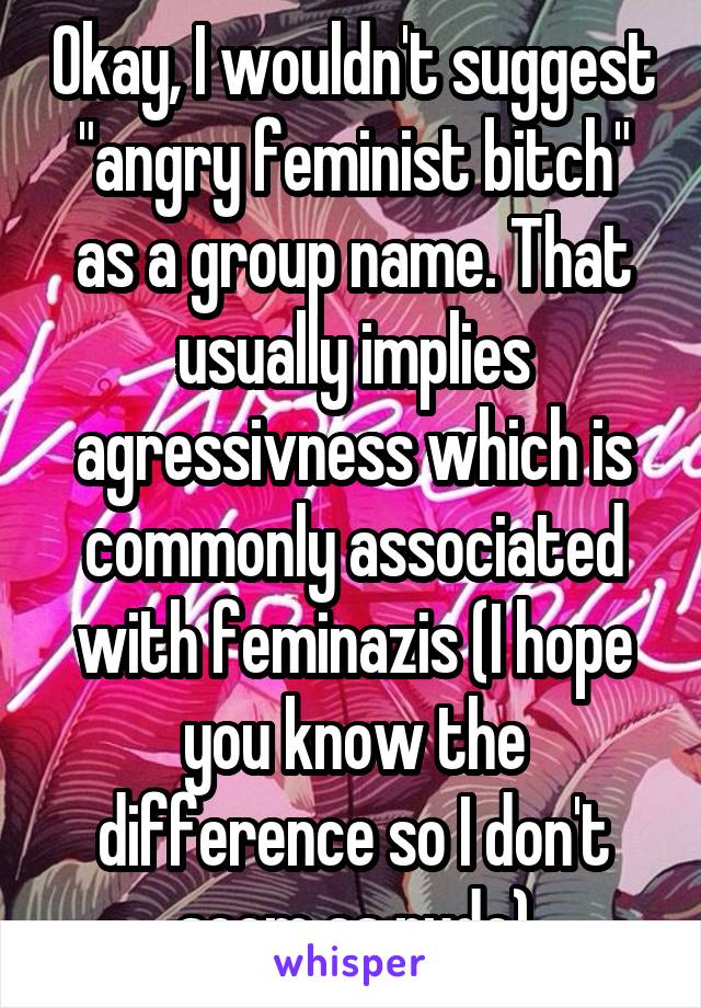 Okay, I wouldn't suggest "angry feminist bitch" as a group name. That usually implies agressivness which is commonly associated with feminazis (I hope you know the difference so I don't seem as rude)