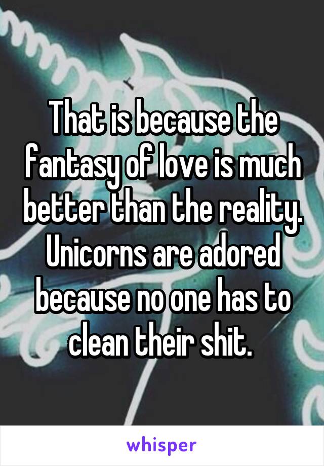 That is because the fantasy of love is much better than the reality. Unicorns are adored because no one has to clean their shit. 