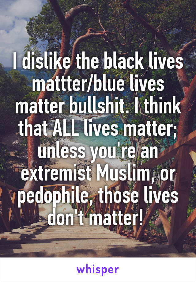 I dislike the black lives mattter/blue lives matter bullshit. I think that ALL lives matter; unless you're an extremist Muslim, or pedophile, those lives don't matter! 