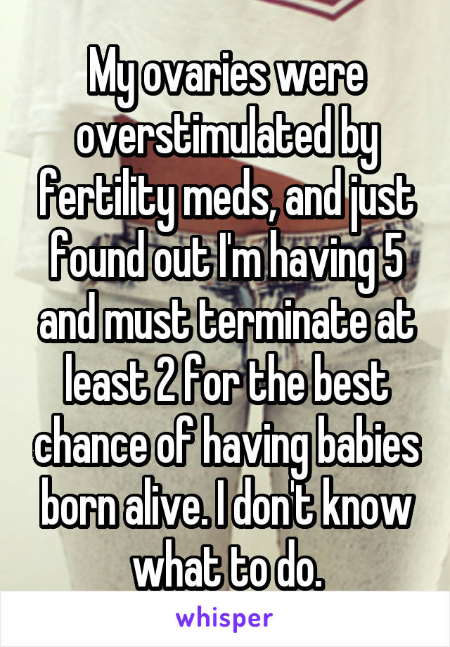 My ovaries were overstimulated by fertility meds, and just found out I'm having 5 and must terminate at least 2 for the best chance of having babies born alive. I don't know what to do.