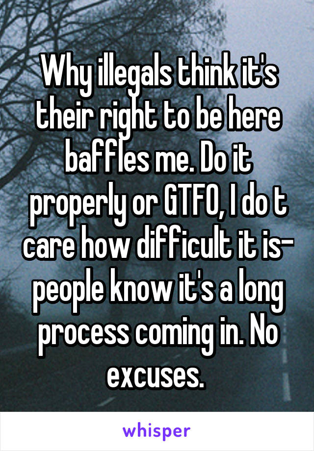 Why illegals think it's their right to be here baffles me. Do it properly or GTFO, I do t care how difficult it is- people know it's a long process coming in. No excuses. 