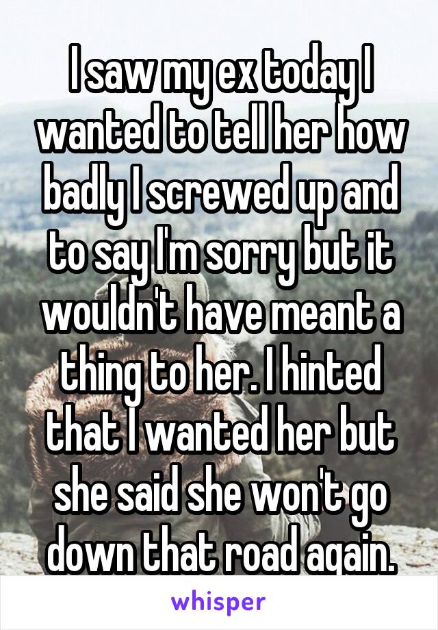 I saw my ex today I wanted to tell her how badly I screwed up and to say I'm sorry but it wouldn't have meant a thing to her. I hinted that I wanted her but she said she won't go down that road again.