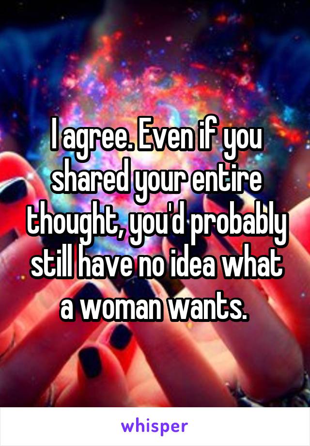I agree. Even if you shared your entire thought, you'd probably still have no idea what a woman wants. 