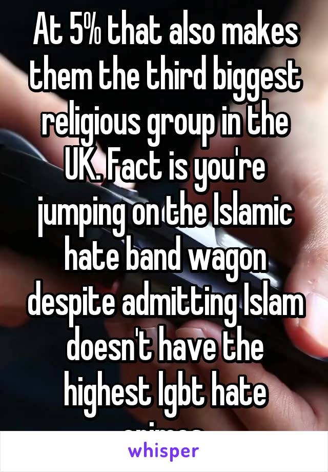 At 5% that also makes them the third biggest religious group in the UK. Fact is you're jumping on the Islamic hate band wagon despite admitting Islam doesn't have the highest lgbt hate crimes.