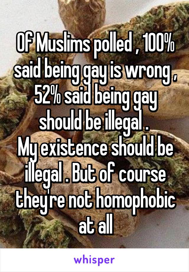 Of Muslims polled , 100% said being gay is wrong , 52% said being gay should be illegal . 
My existence should be illegal . But of course they're not homophobic at all