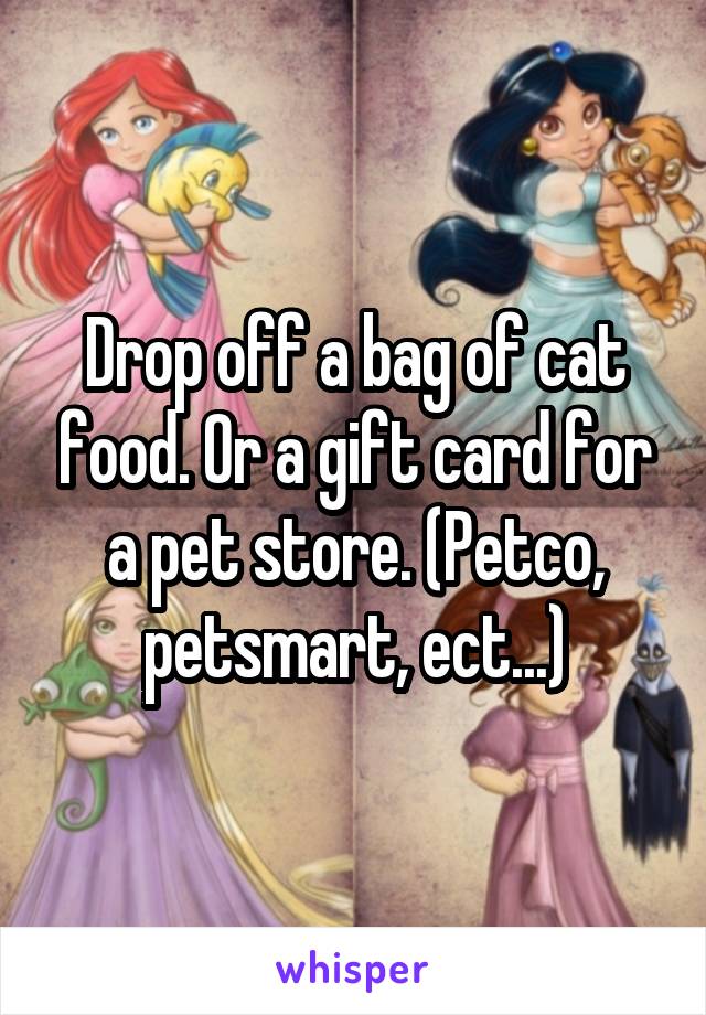 Drop off a bag of cat food. Or a gift card for a pet store. (Petco, petsmart, ect...)