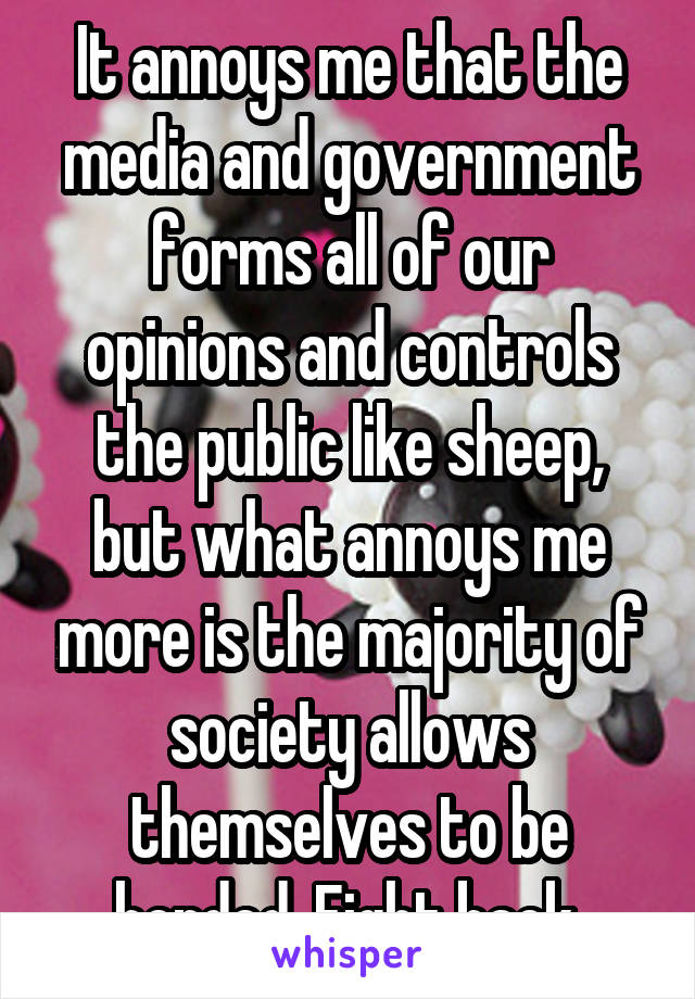It annoys me that the media and government forms all of our opinions and controls the public like sheep, but what annoys me more is the majority of society allows themselves to be herded. Fight back.