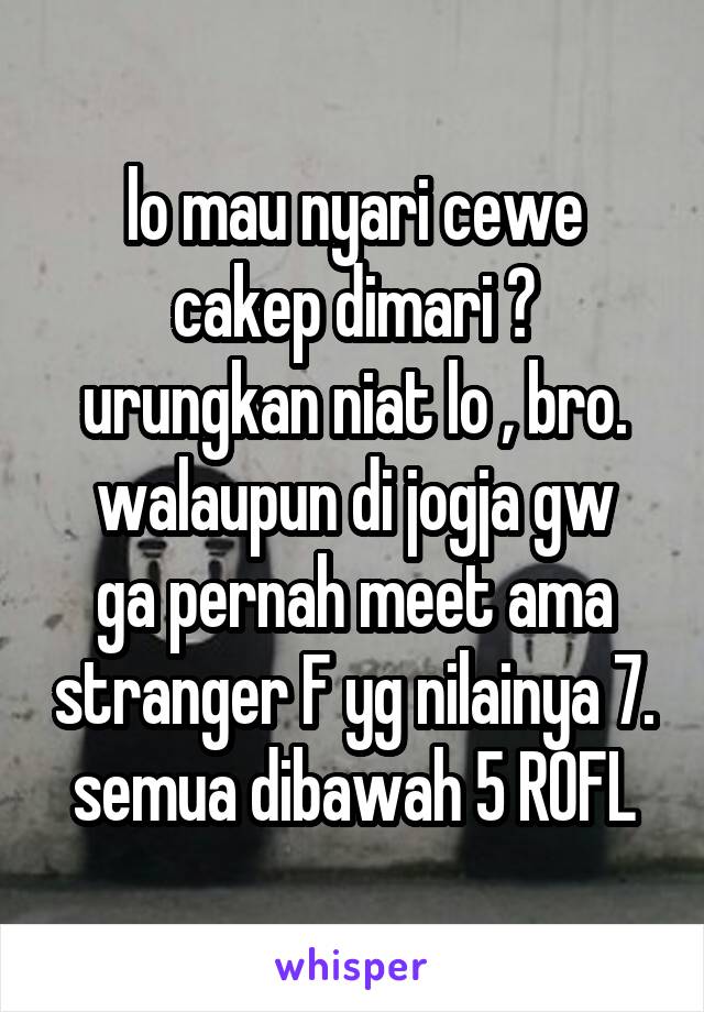 lo mau nyari cewe cakep dimari ?
urungkan niat lo , bro.
walaupun di jogja gw ga pernah meet ama stranger F yg nilainya 7. semua dibawah 5 ROFL