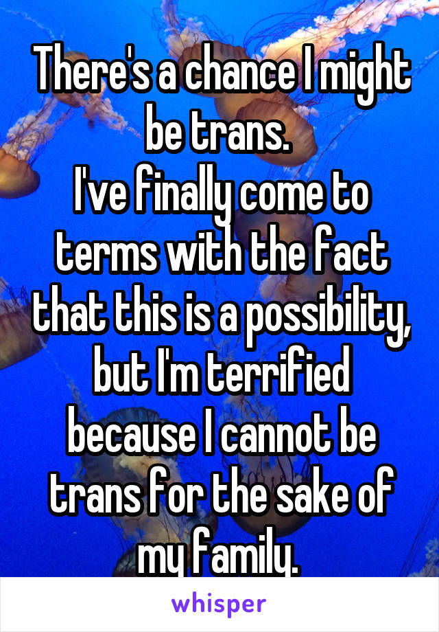 There's a chance I might be trans. 
I've finally come to terms with the fact that this is a possibility, but I'm terrified because I cannot be trans for the sake of my family. 