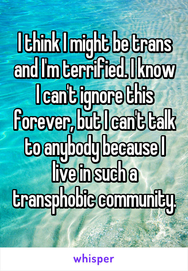 I think I might be trans and I'm terrified. I know I can't ignore this forever, but I can't talk to anybody because I live in such a transphobic community. 