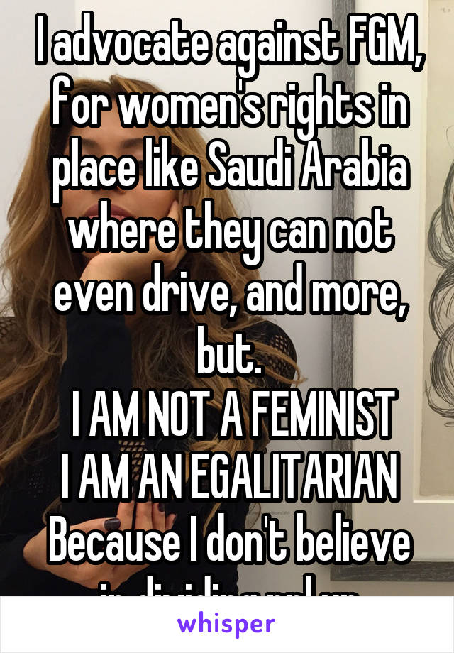 I advocate against FGM, for women's rights in place like Saudi Arabia where they can not even drive, and more, but.
 I AM NOT A FEMINIST
I AM AN EGALITARIAN
Because I don't believe in dividing ppl up