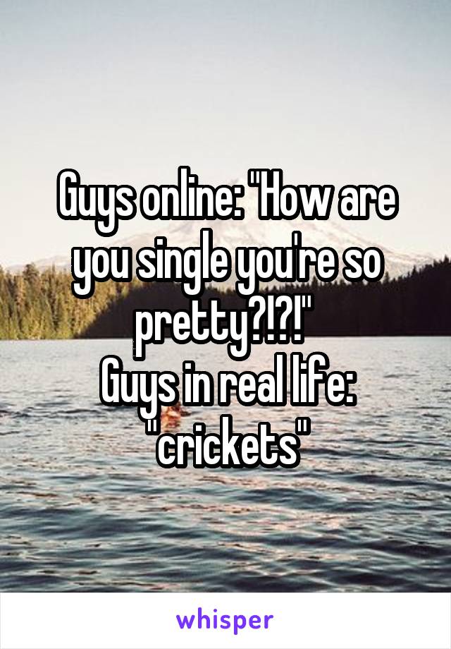 Guys online: "How are you single you're so pretty?!?!" 
Guys in real life: "crickets"