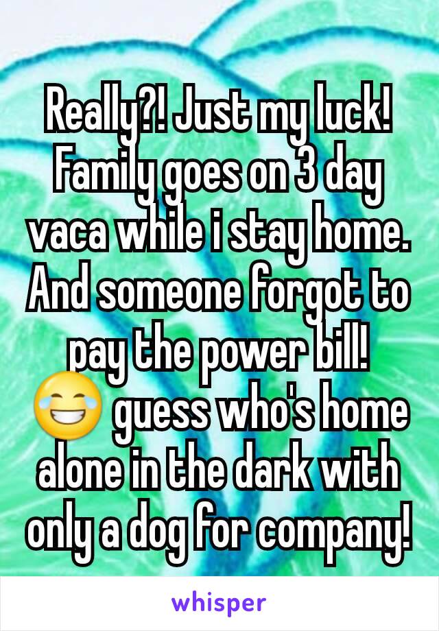 Really?! Just my luck! Family goes on 3 day vaca while i stay home. And someone forgot to pay the power bill! 😂 guess who's home alone in the dark with only a dog for company!