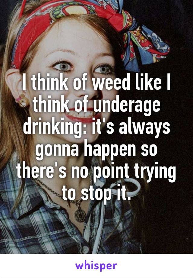 I think of weed like I think of underage drinking: it's always gonna happen so there's no point trying to stop it.