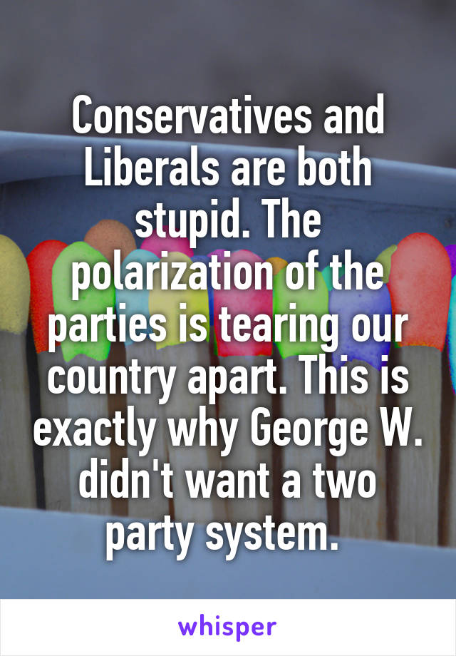 Conservatives and Liberals are both stupid. The polarization of the parties is tearing our country apart. This is exactly why George W. didn't want a two party system. 