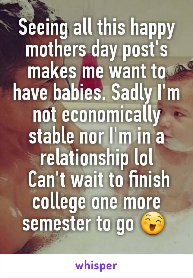 Seeing all this happy mothers day post's makes me want to have babies. Sadly I'm not economically stable nor I'm in a relationship lol
 Can't wait to finish college one more semester to go 😄 