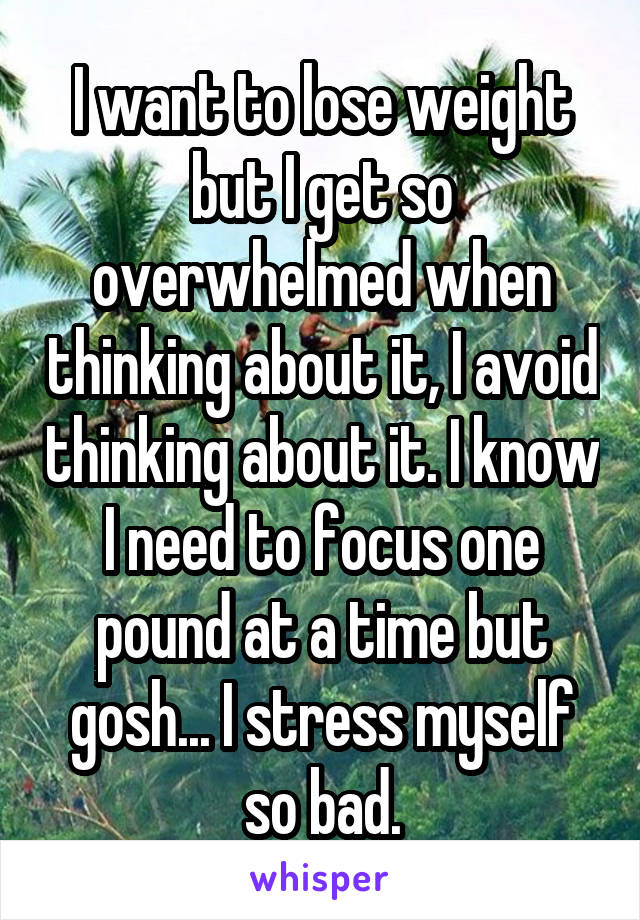 I want to lose weight but I get so overwhelmed when thinking about it, I avoid thinking about it. I know I need to focus one pound at a time but gosh... I stress myself so bad.