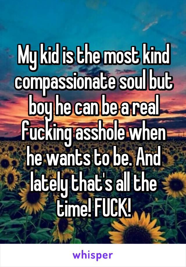 My kid is the most kind compassionate soul but boy he can be a real fucking asshole when he wants to be. And lately that's all the time! FUCK!