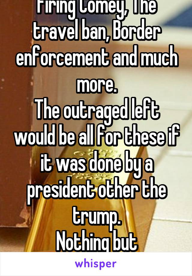 Firing Comey, The travel ban, Border enforcement and much more.
The outraged left would be all for these if it was done by a president other the trump.
Nothing but hypocrites.