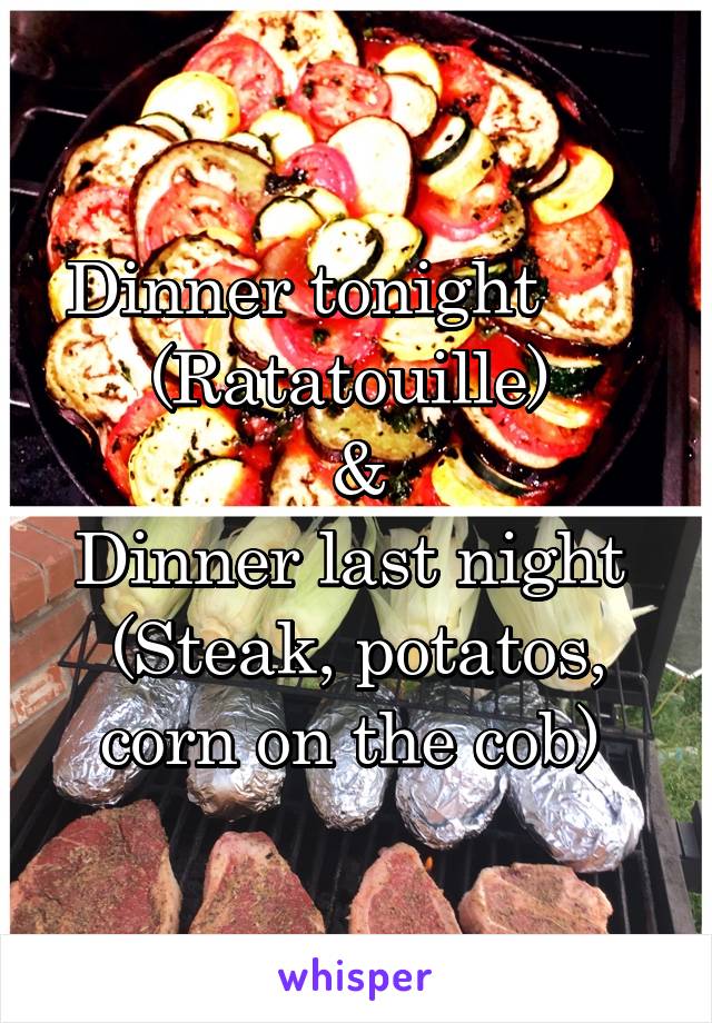 Dinner tonight       (Ratatouille) 
&
Dinner last night 
(Steak, potatos, corn on the cob) 