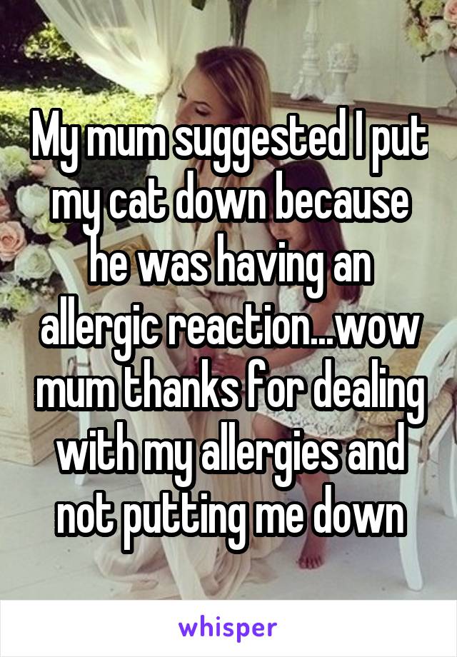 My mum suggested I put my cat down because he was having an allergic reaction...wow mum thanks for dealing with my allergies and not putting me down