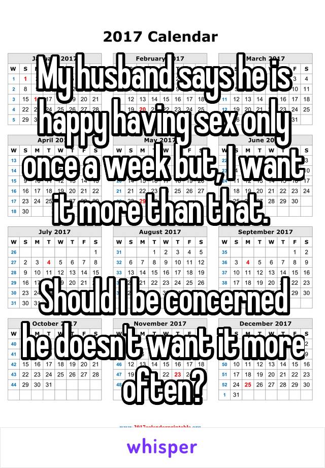 My husband says he is happy having sex only once a week but, I want it more than that. 

Should I be concerned he doesn't want it more often?