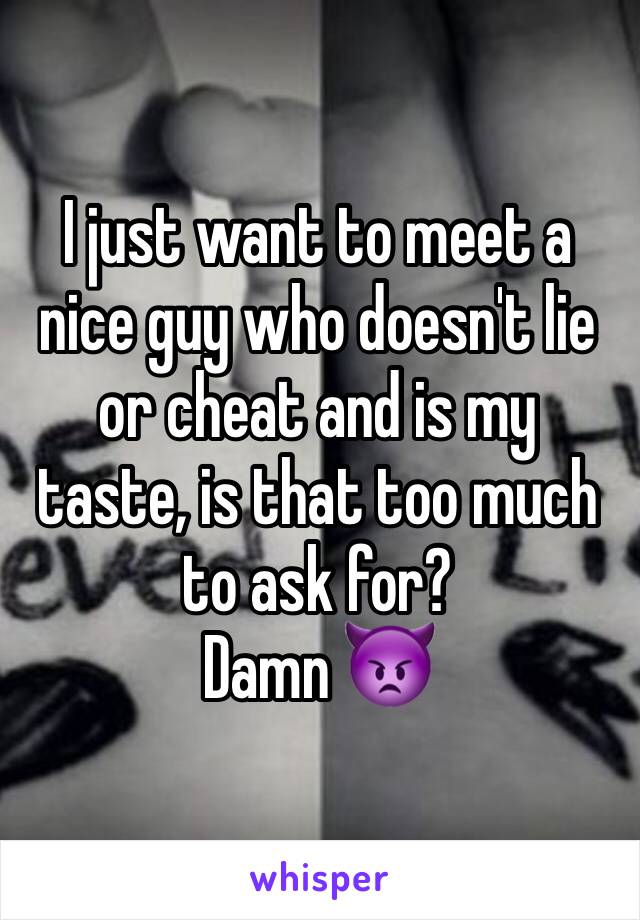 I just want to meet a nice guy who doesn't lie or cheat and is my taste, is that too much to ask for? 
Damn 👿