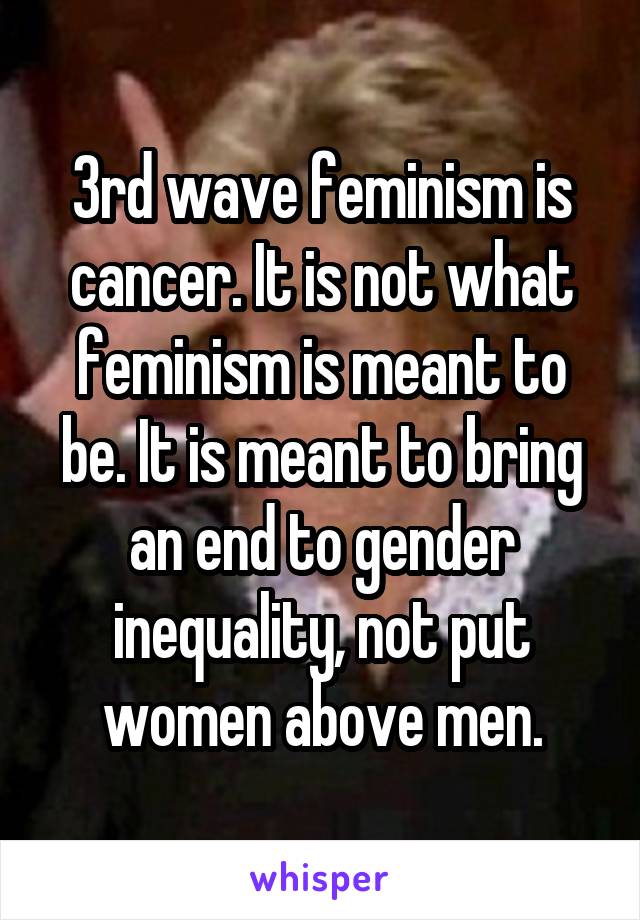 3rd wave feminism is cancer. It is not what feminism is meant to be. It is meant to bring an end to gender inequality, not put women above men.