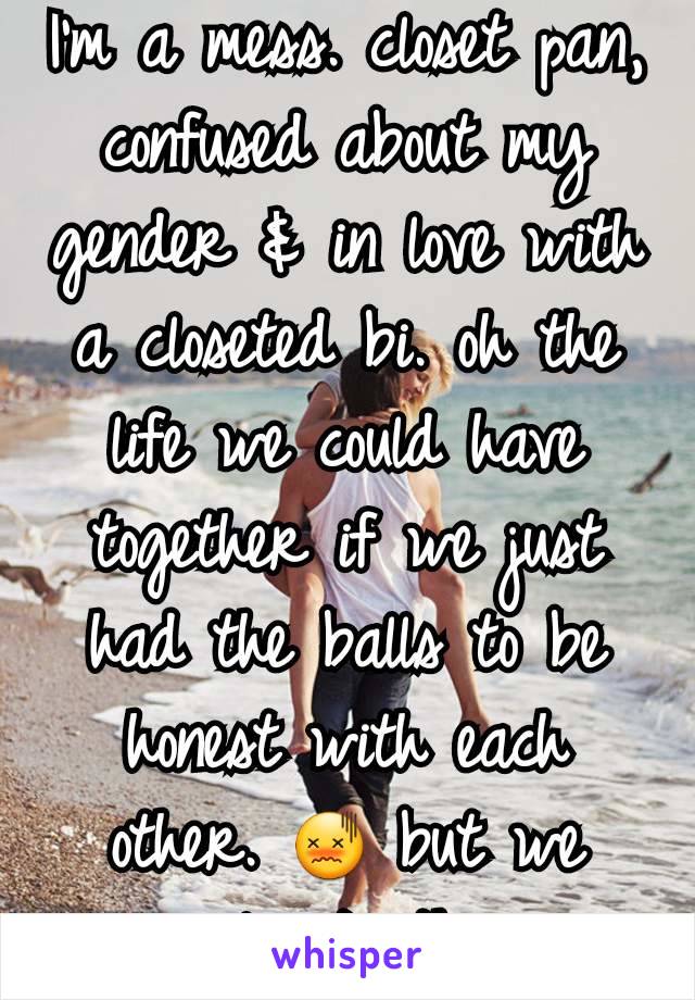 I'm a mess. closet pan, confused about my gender & in love with a closeted bi. oh the life we could have together if we just had the balls to be honest with each other. 😖 but we complicate things