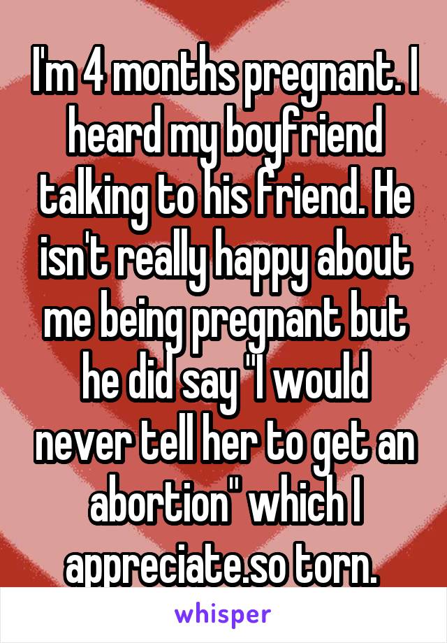 I'm 4 months pregnant. I heard my boyfriend talking to his friend. He isn't really happy about me being pregnant but he did say "I would never tell her to get an abortion" which I appreciate.so torn. 