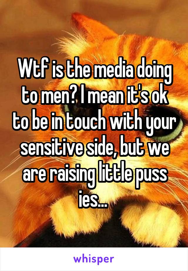 Wtf is the media doing to men? I mean it's ok to be in touch with your sensitive side, but we are raising little puss ies... 