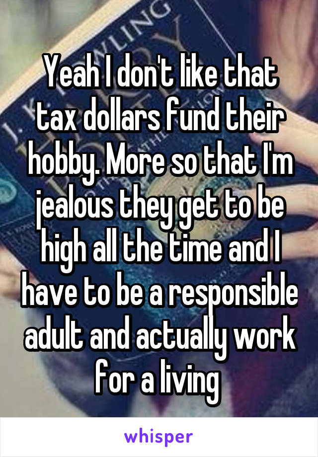 Yeah I don't like that tax dollars fund their hobby. More so that I'm jealous they get to be high all the time and I have to be a responsible adult and actually work for a living 