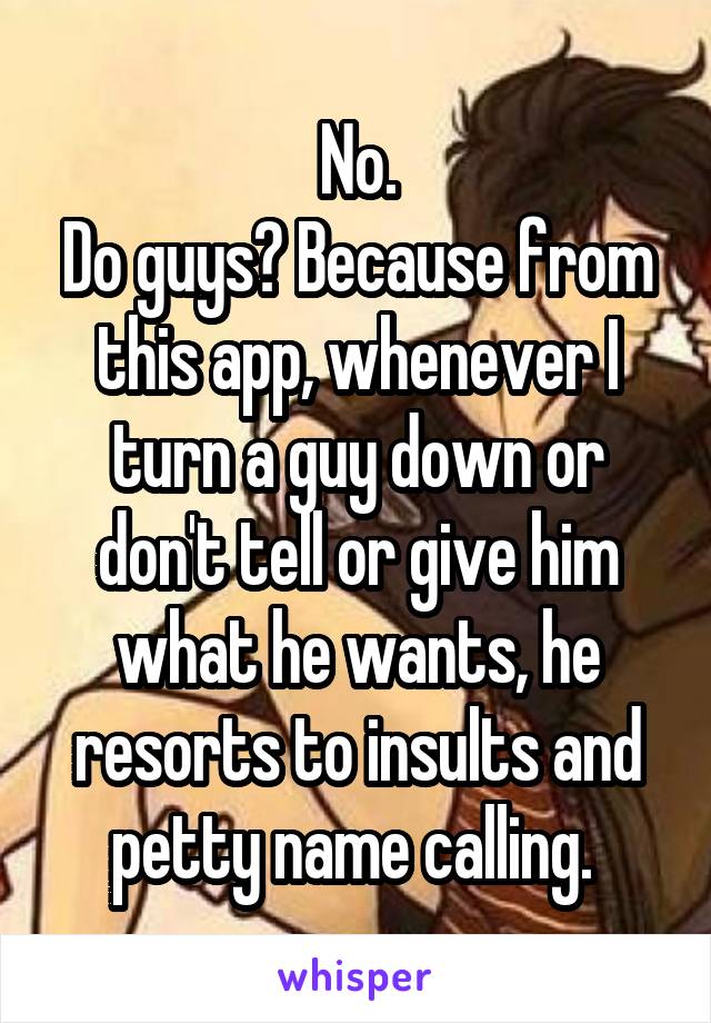 No.
Do guys? Because from this app, whenever I turn a guy down or don't tell or give him what he wants, he resorts to insults and petty name calling. 