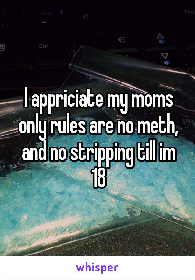 I appriciate my moms only rules are no meth, and no stripping till im 18