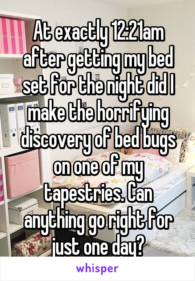 At exactly 12:21am after getting my bed set for the night did I make the horrifying discovery of bed bugs on one of my tapestries. Can anything go right for just one day?