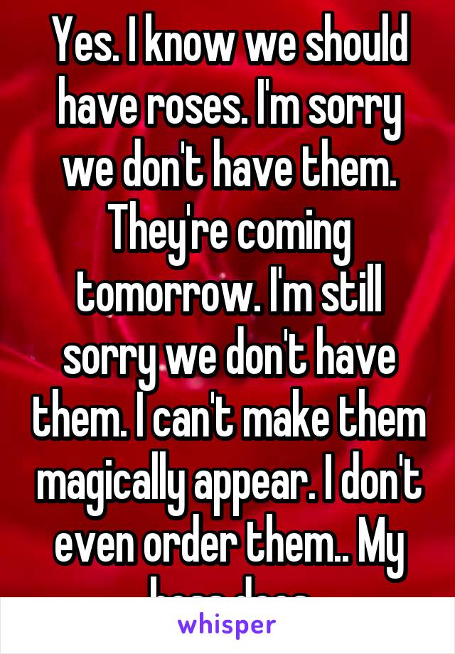 Yes. I know we should have roses. I'm sorry we don't have them. They're coming tomorrow. I'm still sorry we don't have them. I can't make them magically appear. I don't even order them.. My boss does