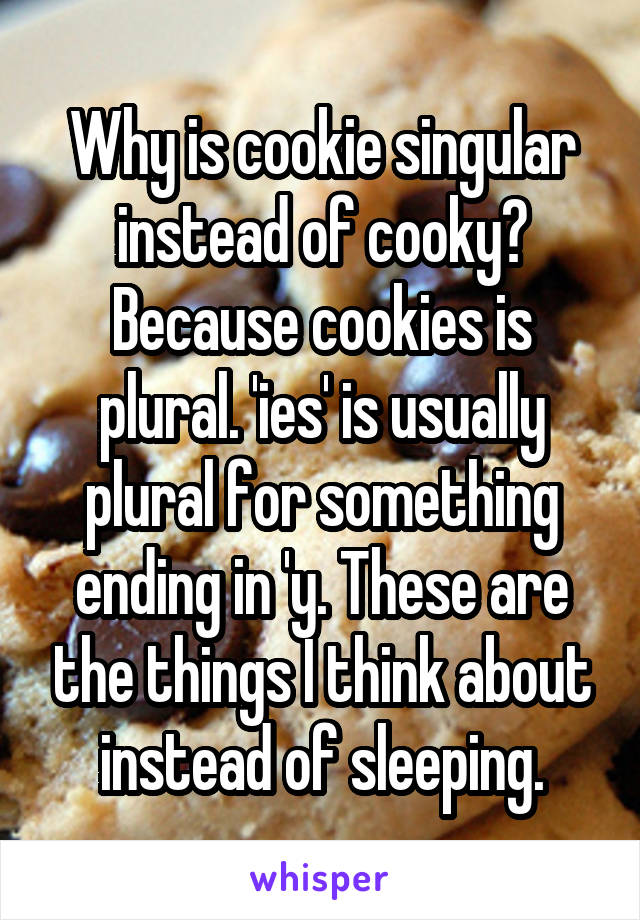 Why is cookie singular instead of cooky? Because cookies is plural. 'ies' is usually plural for something ending in 'y. These are the things I think about instead of sleeping.